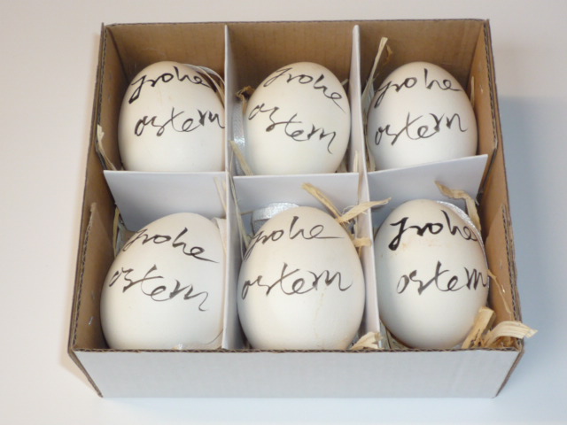 6x-Frohe-Ostern-Eier 6x Osterei "Frohe Ostern" echt H=6 cm creme